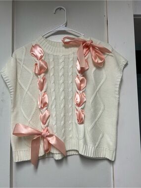 Ivory Cable Knit Sweater Vest with Pink Satin Ribbon